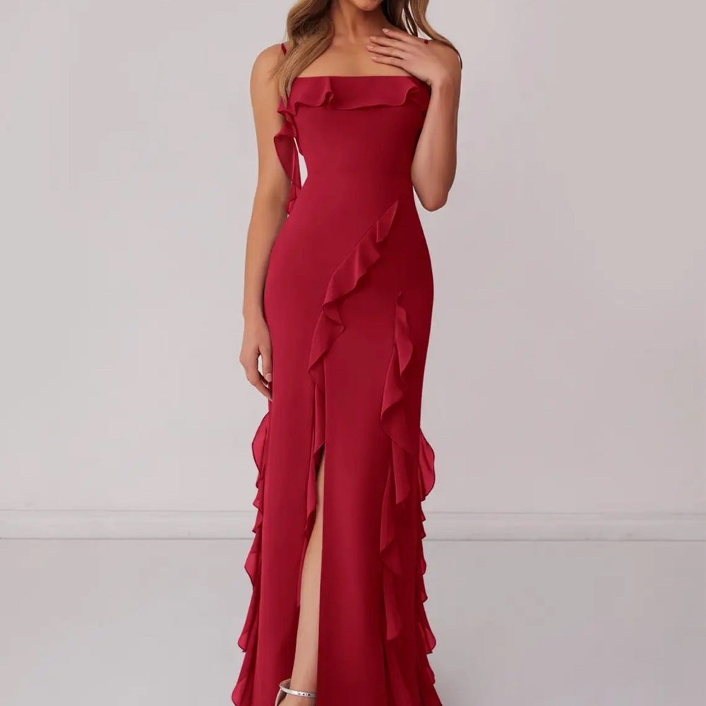 Azazie barbie collection Red Strapless Ruffled Gown with Slit
